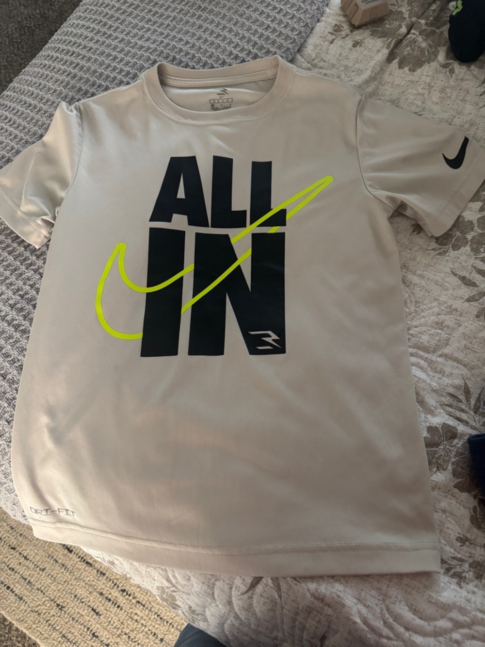 Nike Beige Graphic Tee with Black 'ALL IN' and Neon Yellow Swoosh